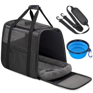 JUNGYOUN Premium ​Cat Carrier - ​Pet Carrier for Cat & Small Dogs up to 15lbs - ​Airline Approved Travel Dog Carrier with Anti-Escape Zippers, Collapsible Travel Bowl & Padded Strap,Dark Grey