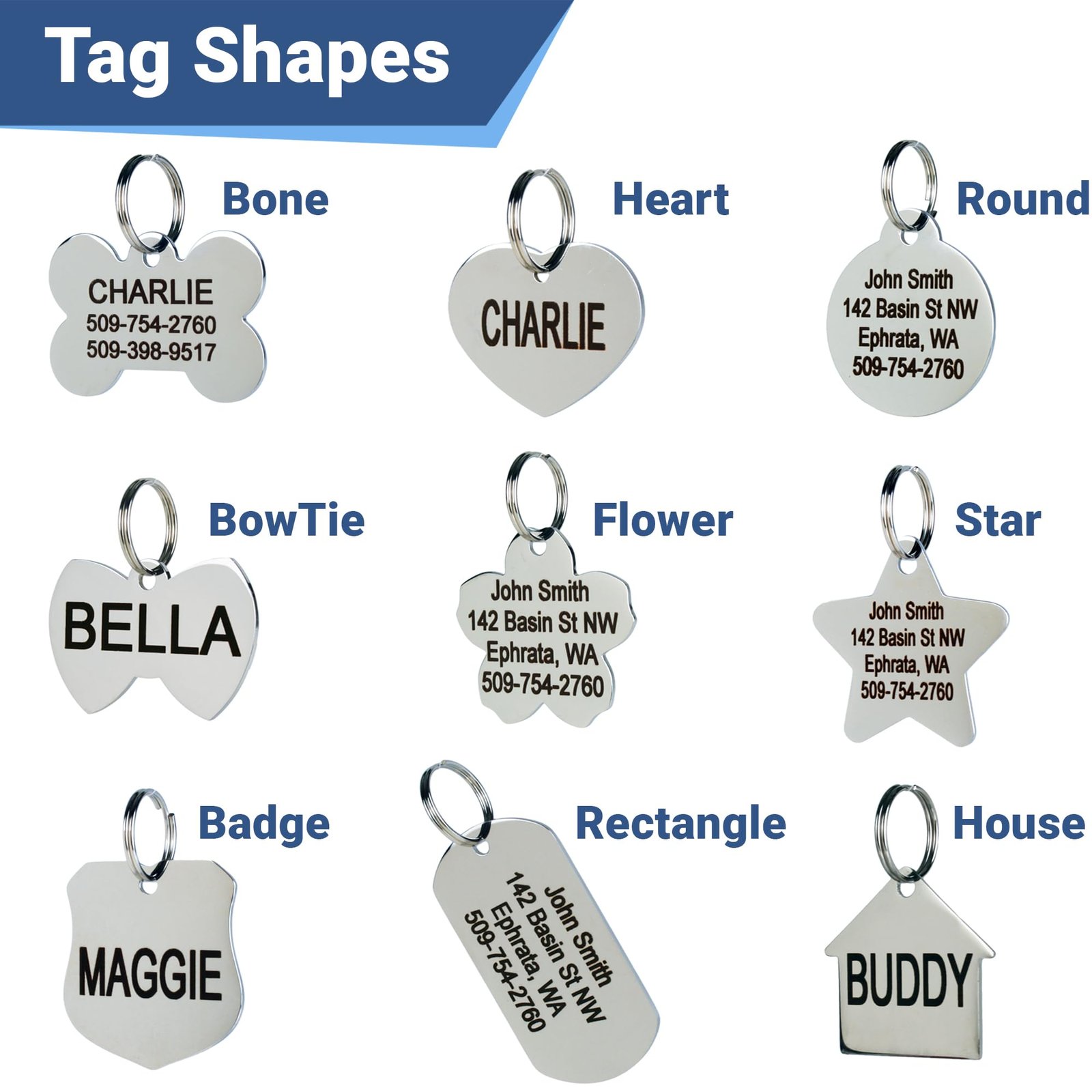 GoTags Stainless Steel Pet ID Tags, Personalized Dog Tags and Cat Tags, up to 8 Lines of Custom Text, Engraved on Both Sides, in Bone, Round, Heart, Bowtie and More (Dog Bone, Regular (Pack of 1)) - Image 7