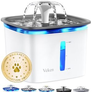 Veken Innovation Award Winner 95oz/2.8L Pet Fountain, Automatic Cat Water Fountain Dog Water Dispenser with Replacement Filters, Gifts for Christmas, Cats, Dogs, Multiple Pets (Grey, Plastic)