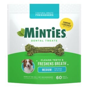 Minties Dental Chews for Dogs, 60 Count, Vet-Recommended Mint-Flavored Treats for Medium Dogs 25-50 lbs, Bones Clean Teeth, Fight Bad Breath, and Removes Plaque and Tartar