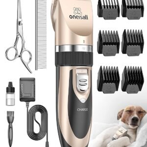 oneisall Dog Clipper Low Noise, Dog Grooming Kit with Rechargeable, Pet Shaver Cordless Electric Quiet Hair Clipper Set for Dogs Cats Pets(Gold)