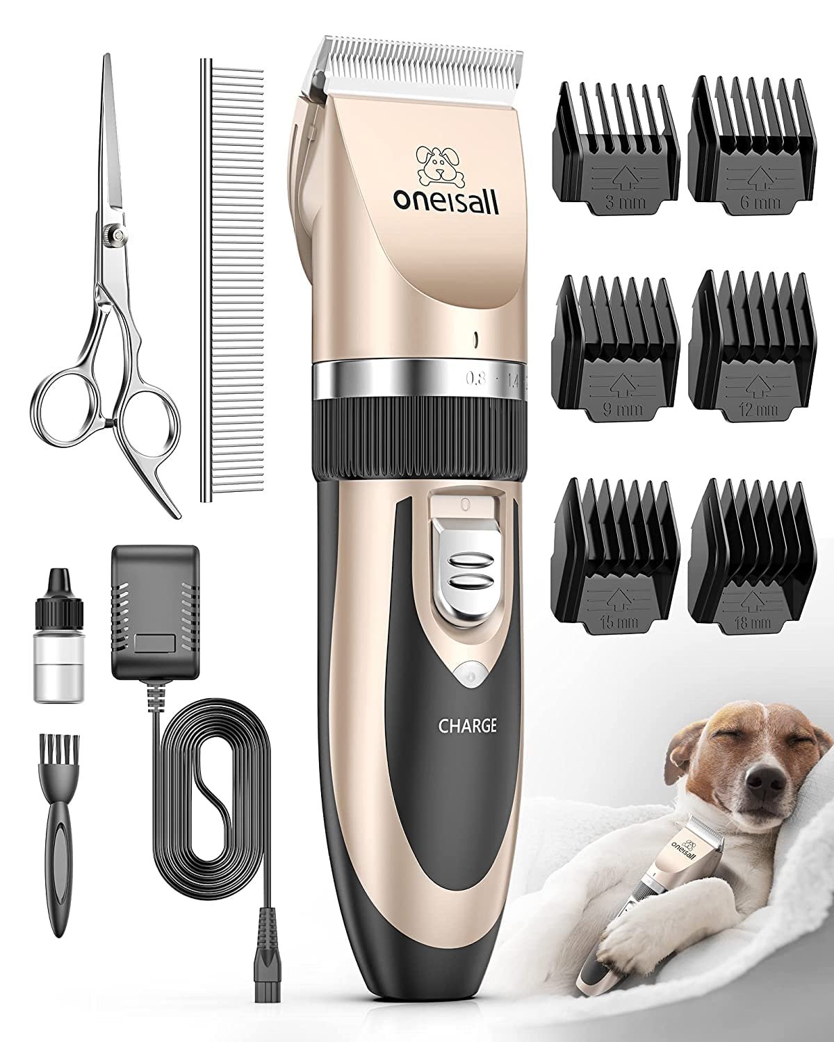 oneisall Dog Clipper Low Noise, Dog Grooming Kit with Rechargeable, Pet Shaver Cordless Electric Quiet Hair Clipper Set for Dogs Cats Pets(Gold)
