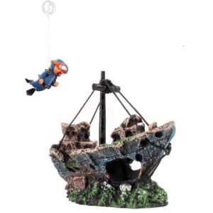 AWXZOM Shipwreck & Floating Diver Aquarium Decoration Set
