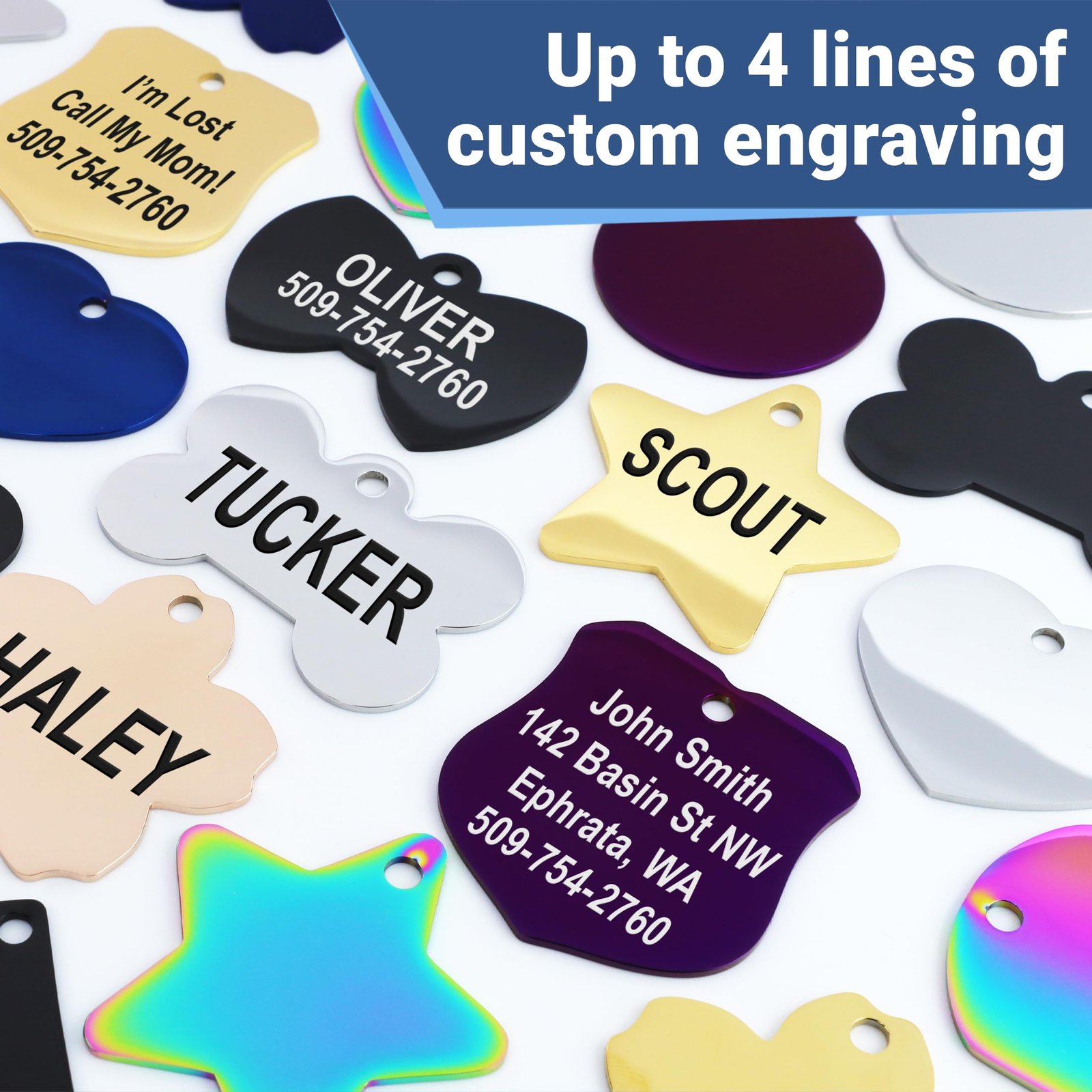 GoTags Stainless Steel Pet ID Tags, Personalized Dog Tags and Cat Tags, up to 8 Lines of Custom Text, Engraved on Both Sides, in Bone, Round, Heart, Bowtie and More (Dog Bone, Regular (Pack of 1)) - Image 3